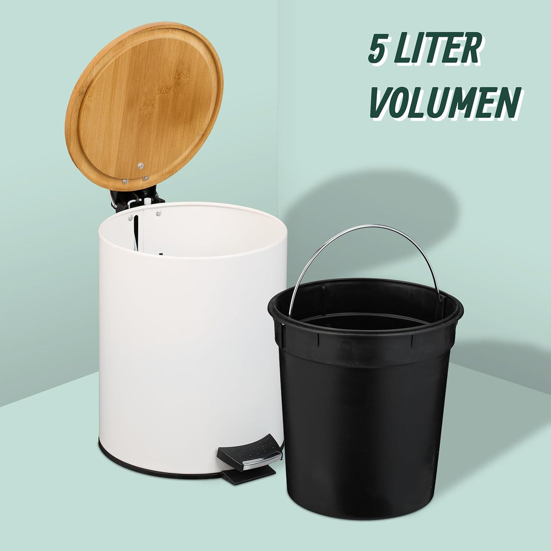 Relaxdays Kosmetikeimer 5 L, Absenkautomatik, Inneneimer entnehmbar, Badmülleimer, Metall, Bambus, m