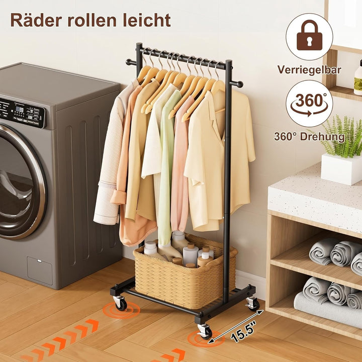MISSLO Kleiderständer Klein auf Rollen, 114 cm Schmal Kleiderstange mit Ablagen, Metall Stabil Klamo