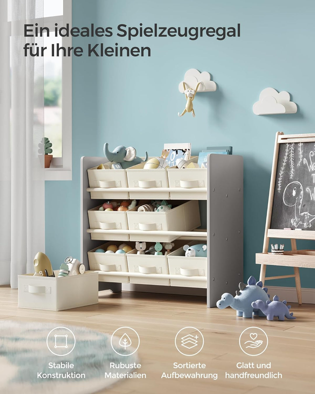 SONGMICS Kinderregal, Spielzeugregal, Bücherregal Kinder, mit 9 Aufbewahrungsboxen aus Vliesstoff, K