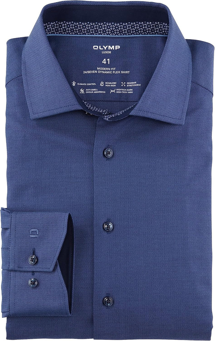 OLYMP Herren Businesshemd Langarm Luxor 24/Seven,modern fit,Global Kent 37 Marine 18, 37 Marine 18