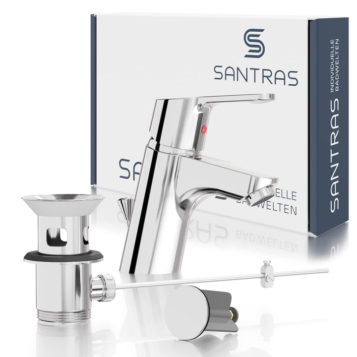 SANTRAS® Waschtischarmatur für das Bad mit Exzenter Ablaufgarnitur und Zugstange in Chrom – Einhebel