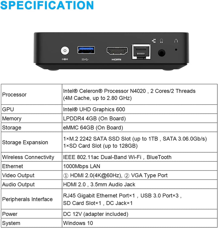 Mini PC Lüfterlos Celeron N4020 (bis zu 2.8 GHz) 4GB DDR4/64GB eMMC Mini-Desktop-Computer HDMI und V