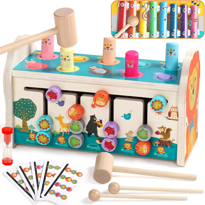 jerryvon Motorikspielzeug Montessori Spielzeug ab 1 Jahr, 4-in-1 Hammerspiel & Klopfbank mit Xylopho