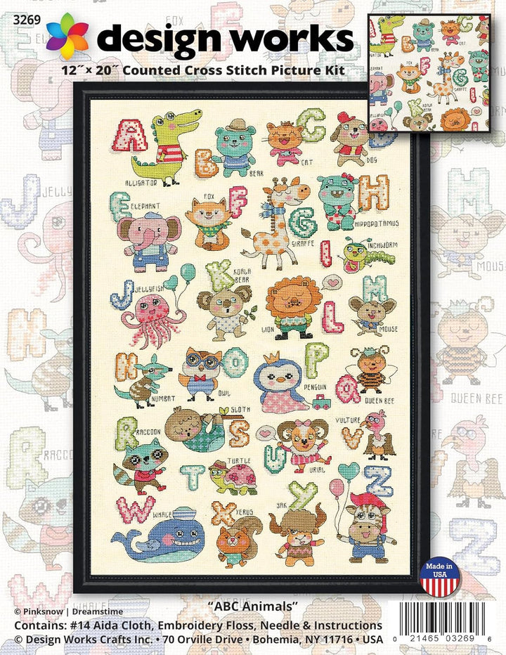 Design Works Crafts 3269 ABC Niedliche Tiere, 12 x 20 cm, Kreuzstich-Set, mehrfarbig