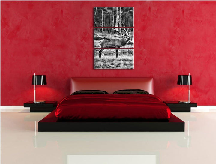 Pixxprint Monocrome, Hirschfamilie auf herbstlicher Waldlichtung 3-Teiler Leinwandbild 120x80 Bild a
