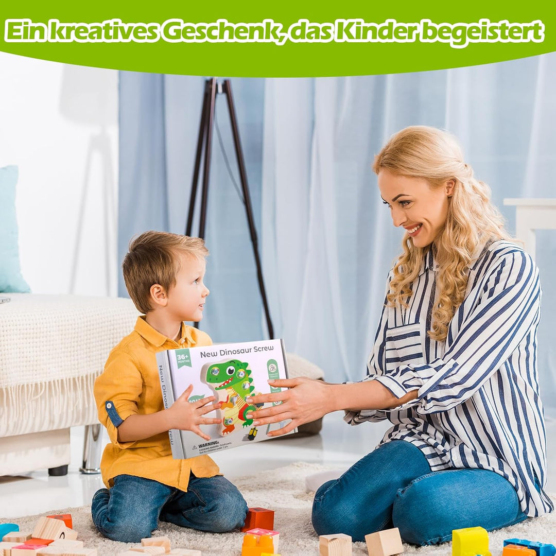 Montessori Dino Schraubbrett aus Holz – Busy Board Motorikbrett Lernspielzeug zur Förderung der Fein