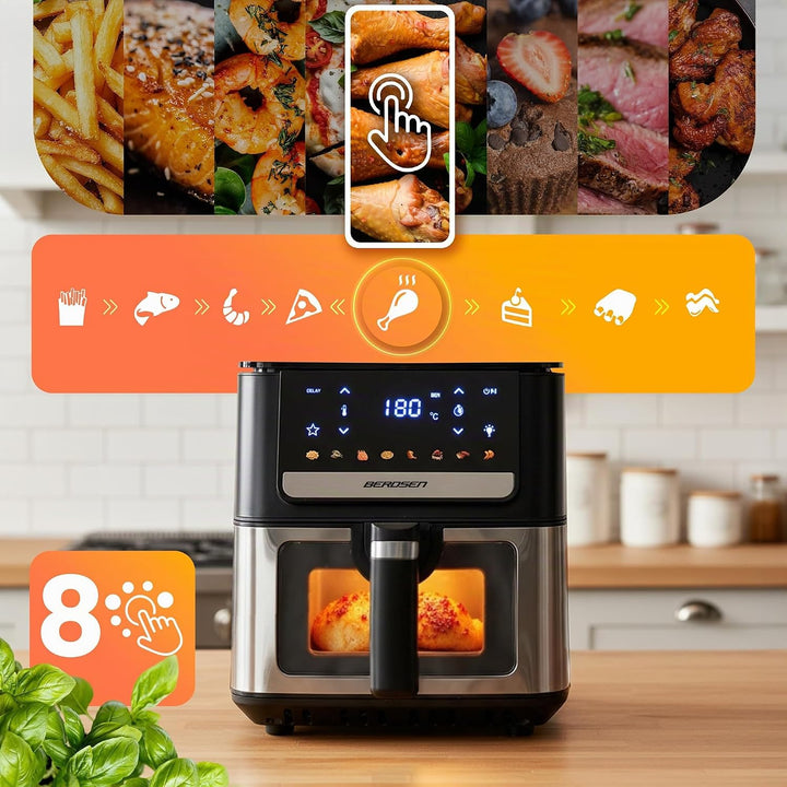 Berdsen Heissluftfritteuse XL 6,5L - Airfryer mit Sichtfenster und Touchscreen - 1700W - 8 Programme