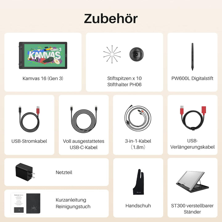 HUION Kamvas 16 Gen 3 2,5K QHD Grafiktablett mit Display, 15,8 Zoll Zeichentablett mit Entspiegeltem