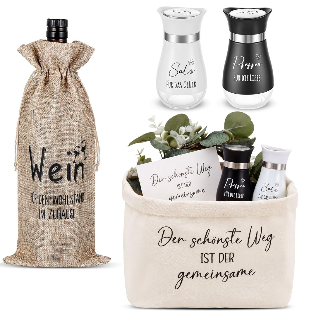 Sinmoe Hochzeitsgeschenk für Brautpaar Brotkorb Salz und Pfefferstreuer Jute Weinbeutel Hochzeitskar