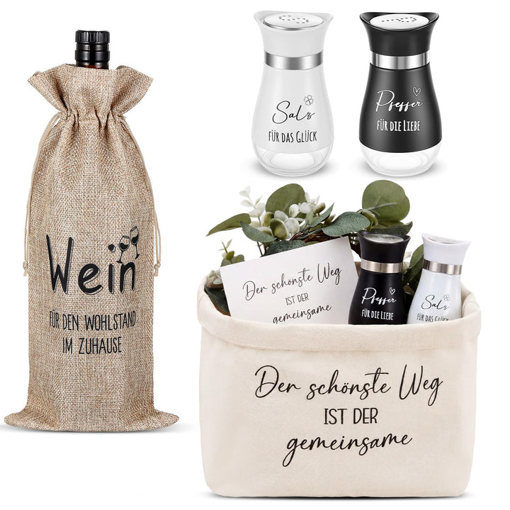Sinmoe Hochzeitsgeschenk für Brautpaar Brotkorb Salz und Pfefferstreuer Jute Weinbeutel Hochzeitskar