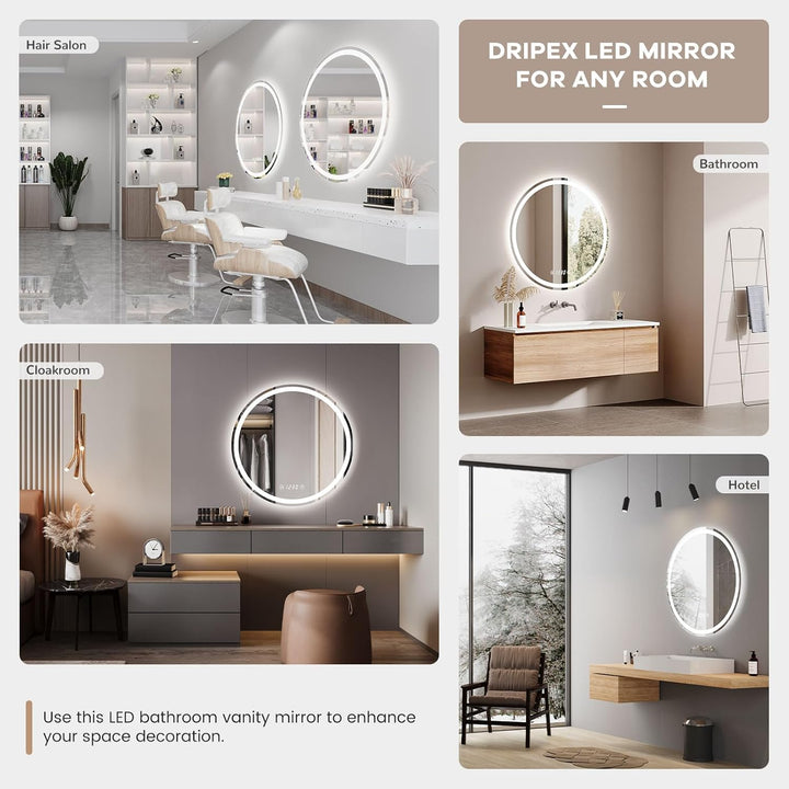 Dripex Badspiegel mit Beleuchtung Rund Led Spiegel mit Uhr und Touch-Schalter, Dimmbar, 3 Lichtfarbe