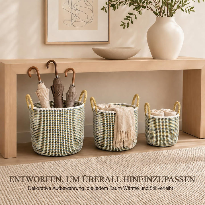 3 Set Wäschekorb Geflochten mit Henkeln | Verschiedene Grössen 32L+17L+8L | Korb ohne Deckel | Handg