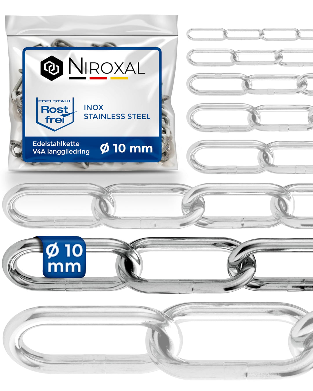 Edelstahlkette Meterware V4A Edelstahl Kette Metall langgliedrig am Stück A4 Ankerkette DIN5685 Glie