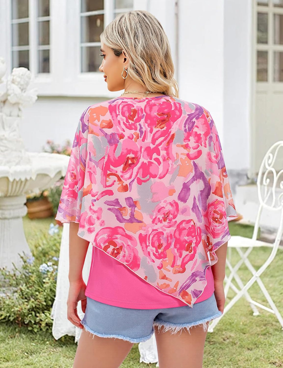 Vafoly Damen Chiffon Lose Fledermaus Bluse mit Kurzen Flatter ärmel Leichte Fliessende Bluse Rundhal