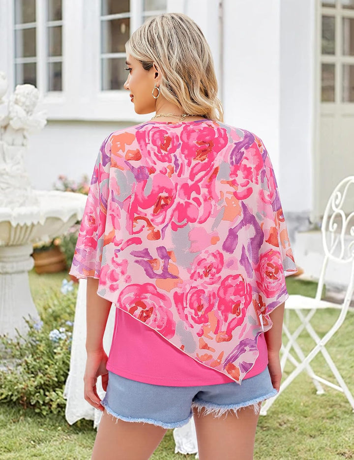Vafoly Damen Chiffon Lose Fledermaus Bluse mit Kurzen Flatter ärmel Leichte Fliessende Bluse Rundhal