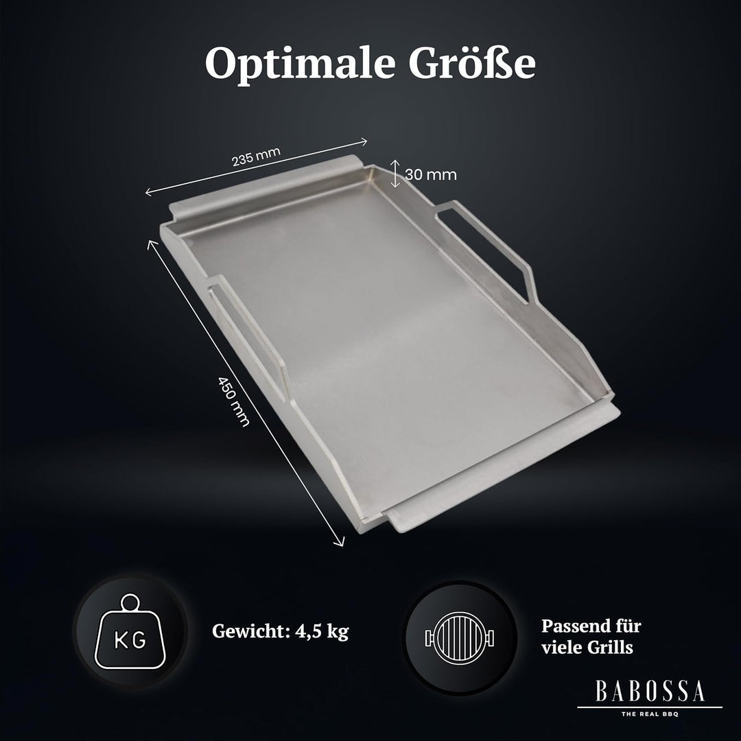 BABOSSA Premium Einsatzpfanne/Plancha kompatibel mit allen Rösle Modellen | 45x23.5cm | Massiv, verz