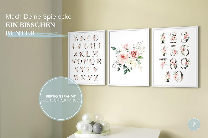 Papierschmiede® Kinderbilder 3er Set Lernposter, A4 gerahmt in Holzrahmen (weiss), Geschenk für Mädc