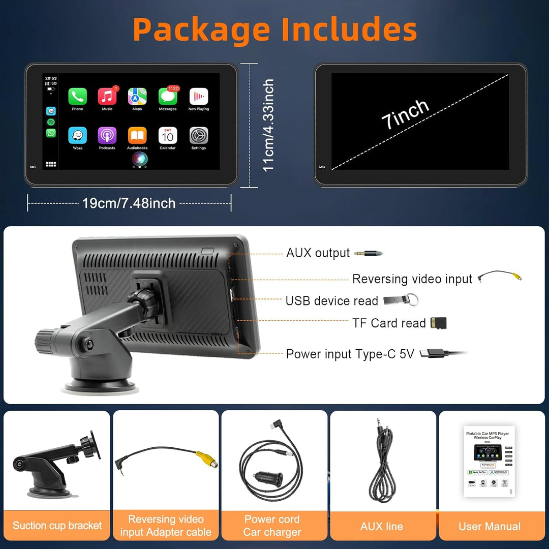 7 Zoll Wireless Carplay Display für Apple Carplay & Android Auto, Tragbares Autoradio mit 2.5D HD To