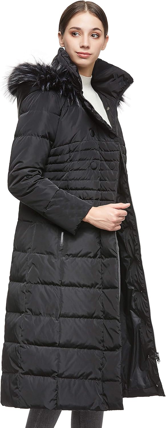 Orolay Damen Daunenjacke mit Langem Pelz-Kapuzenmantel mit Raglanärmeln Schwarz XS, Schwarz XS