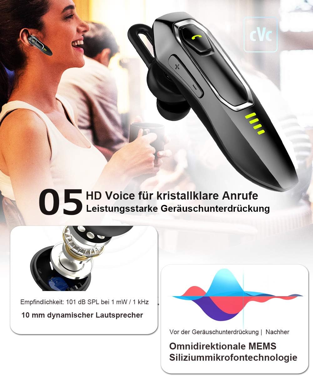 Bluetooth Headset Handy V5.0 mit Mikrofon, Unterdrückung von HD-Sprachgeräuschen, 30 Hrs Talking und
