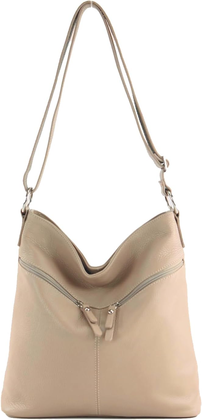modamoda de T196 Damen Leder Schultertasche Umhängetasche handmade in Italy Beige, Beige