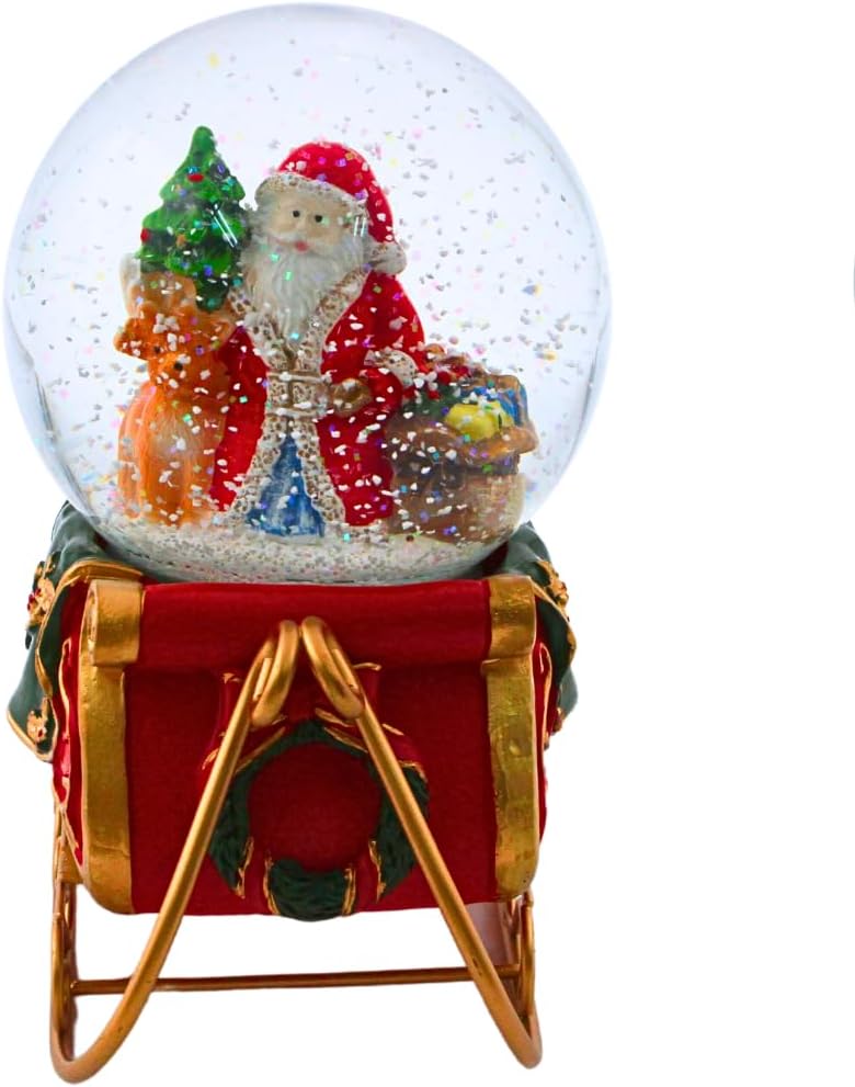 Dekohelden24 Hochwertige Schneekugel Weihnachtsmann auf Schlitten, aufwendig dekorierter Sockel als