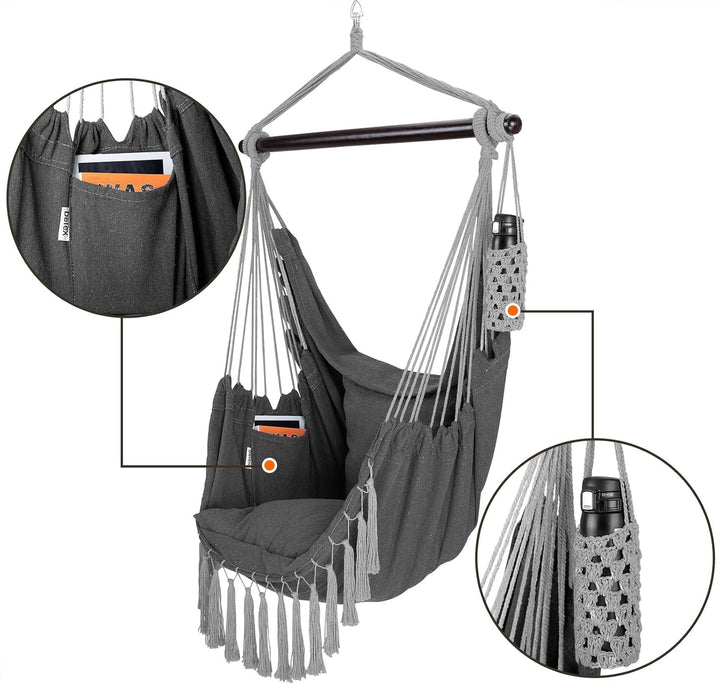 DETEX® Hängesessel bis 150kg Belastbar mit Flaschenhalter Boho Stil Wetterfest Garten 360° Drehbar A