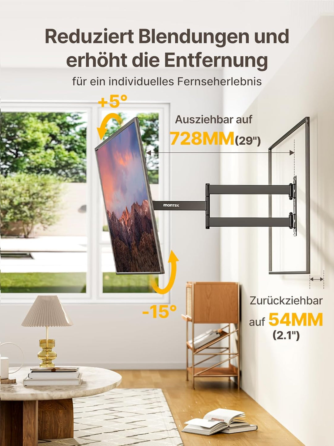 monTEK Lang Arm 728mm TV Wandhalterung Schwenkbar für 23-65 Zoll Fernseher, ausziehbare TV Halterung