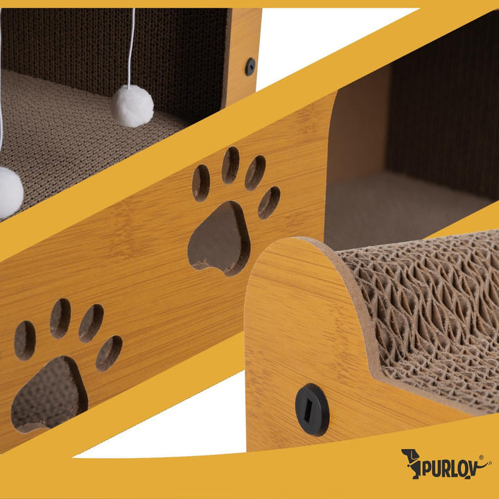 Purlov Katzen Kratzhaus 3-in-1 mit 2 Ebenen – HDF & extra Feste Wellpappe, Liegeplatz + Kratzfläche