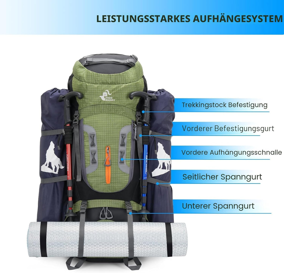 Bseash 80L Wasserdichter Wanderrucksack mit Regenschutz, leichter Outdoor-Sport, Reisen, Tagesrucksa