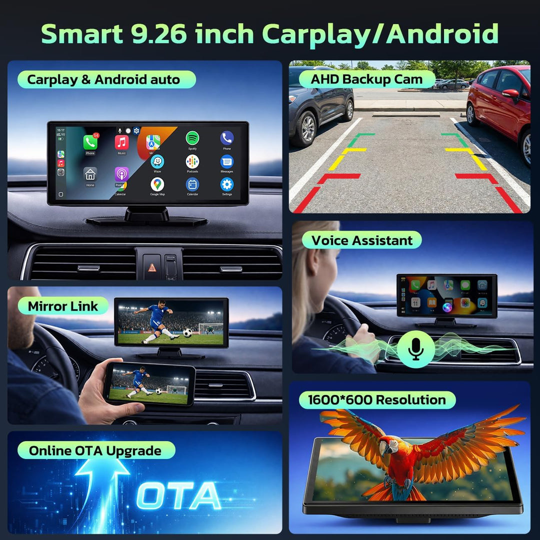 LAMTTO Wireless CarPlay Display 9.26" Kabelloses AppIe CarPlay & Android Auto Tragbares Car Play Tou