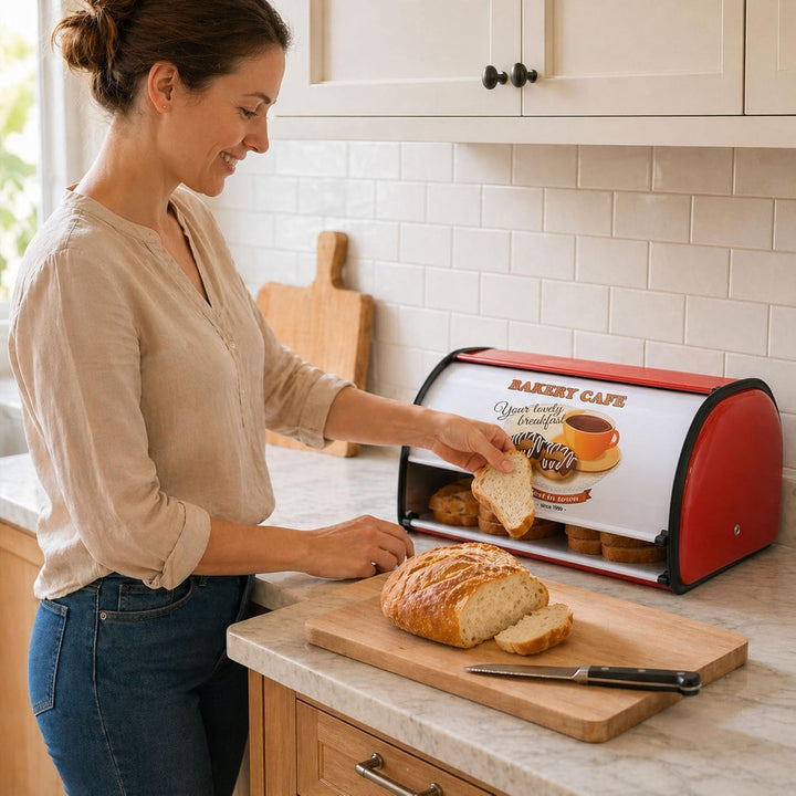 Brotkasten Edelstahl Metall mit Deckel, Brotbox Brotaufbewahrung für Küche, Bread Box Retro Design W