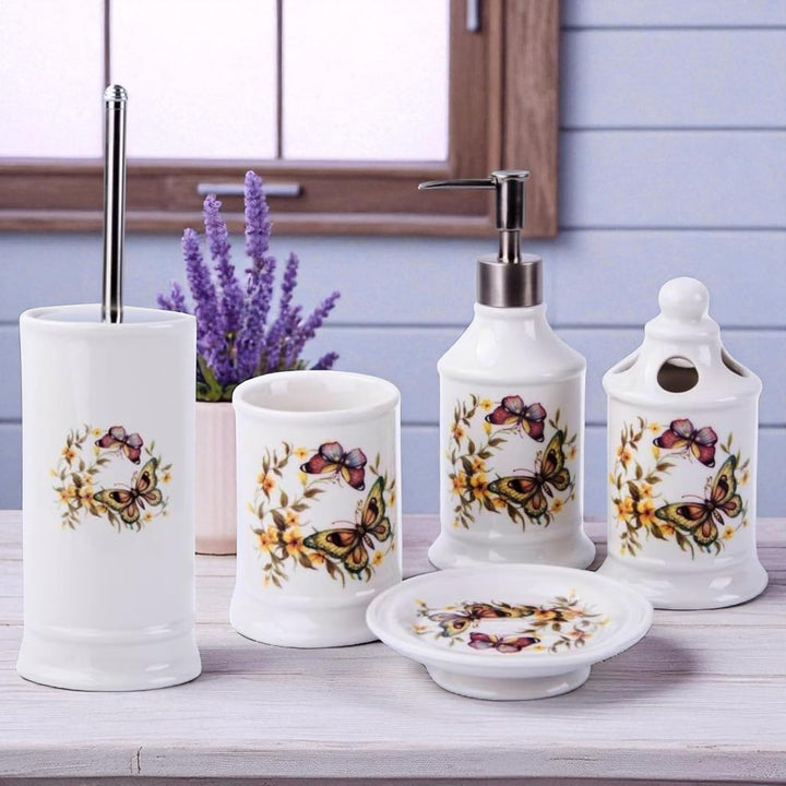 GMMH Landhaus Vintage BADSET Schmetterlinge Badezimmer ZUBEHÖR Set SEIFENSPENDER WC BÜRSTE Keramik (
