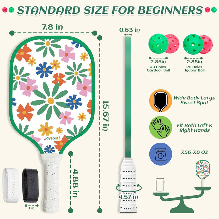JOY SPOT! Pickleball Schläger 2 Set, Leichter Pickleball Schläger mit Fiberglas-Oberfläche, 4 Bälle