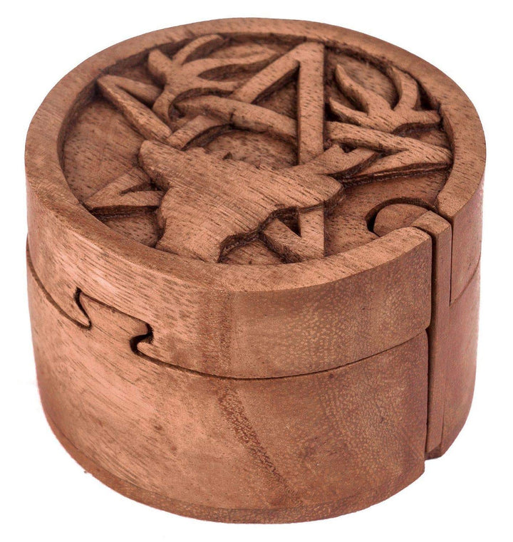 WINDALF Zauberdose CERNUNNOS Ø 9 cm Hirsch & Pentagramm Schmuckdose Handarbeit aus Holz