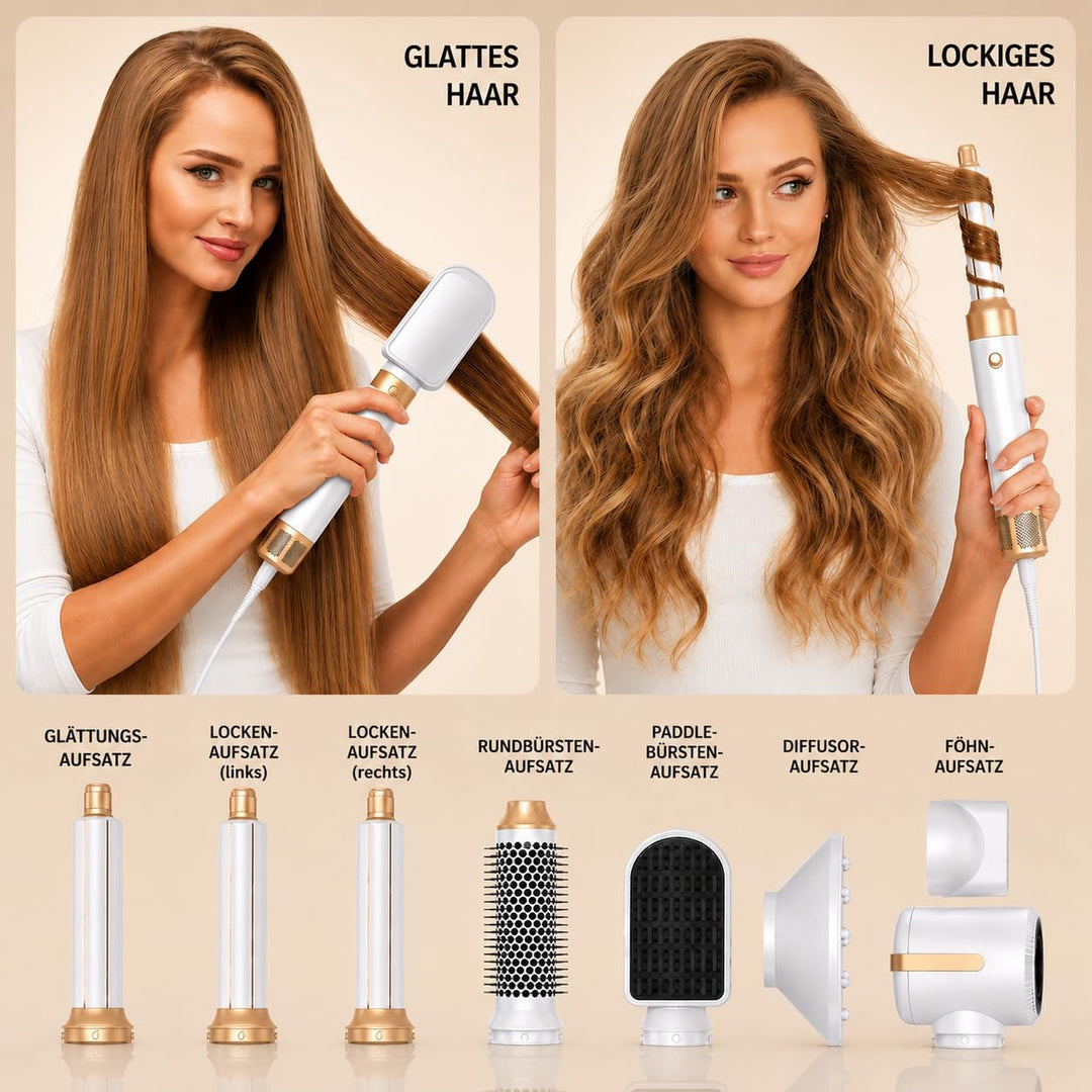 Airstyler 7-in-1 Lockenstab, Golden Goods Hairstyler Set mit Warmluftbürste, Glättbürste, Haartrockn