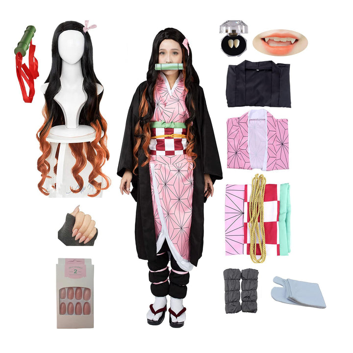 kelihood Japanischer Anime Demon Slayer Cosplay: Kamado,Nezuko-Cosplay Kostüm Kimono Set Anime Cospl