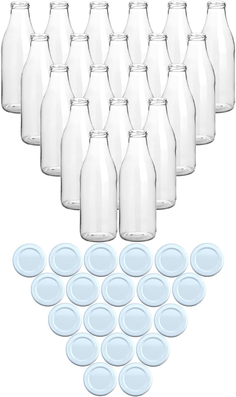 gouveo 20er Set Saftflasche 1000 ml mit Schraub-Deckel weiss - Grosse Glasflasche 1 Liter mit TO48 V