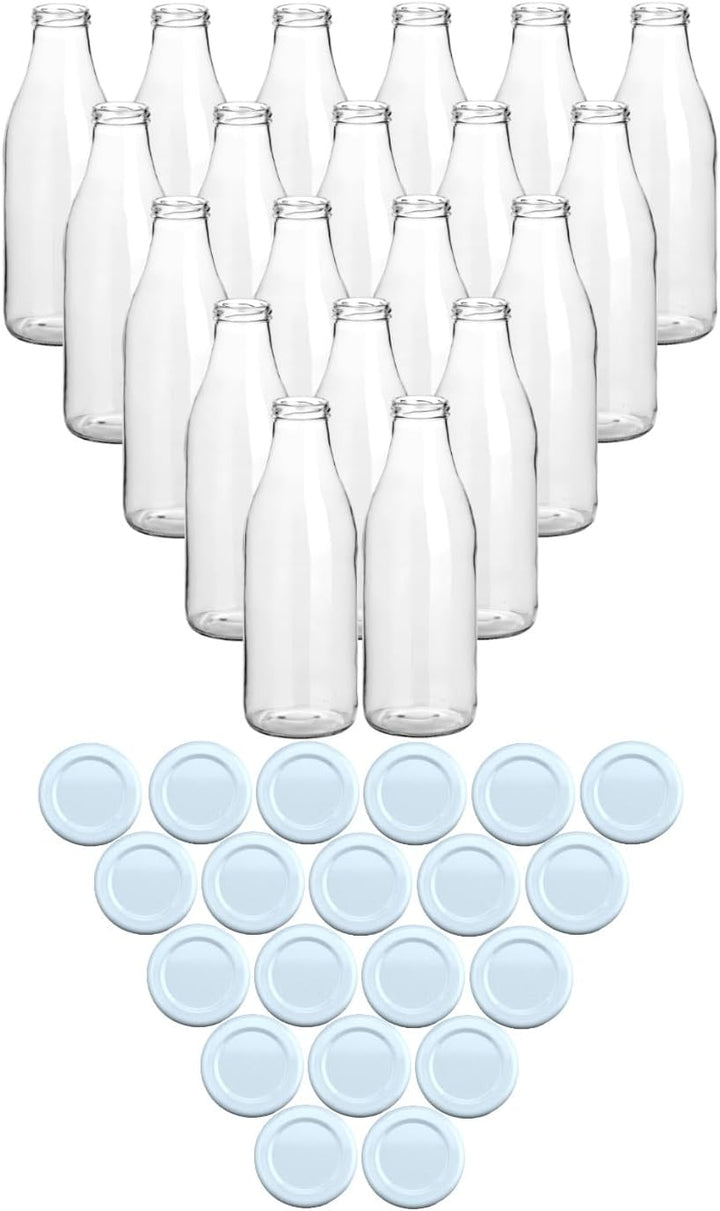 gouveo 20er Set Saftflasche 1000 ml mit Schraub-Deckel weiss - Grosse Glasflasche 1 Liter mit TO48 V