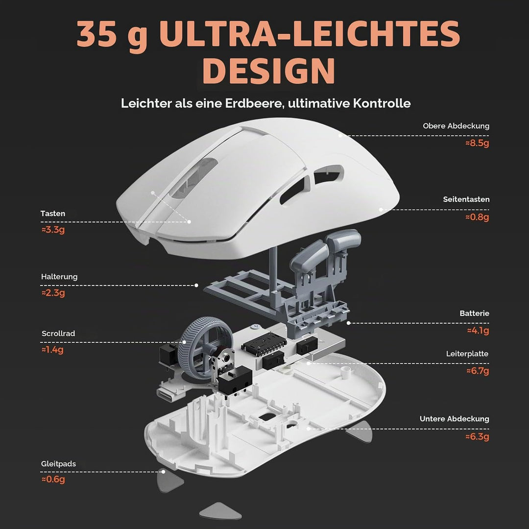 DAREU A950 Wing Wireless Gaming Mouse, Ultraleicht 35 g, Dual Polling Rate 8000 Hz, 30 000 DPI Optis