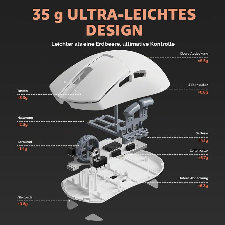 DAREU A950 Wing Wireless Gaming Mouse, Ultraleicht 35 g, Dual Polling Rate 8000 Hz, 30 000 DPI Optis