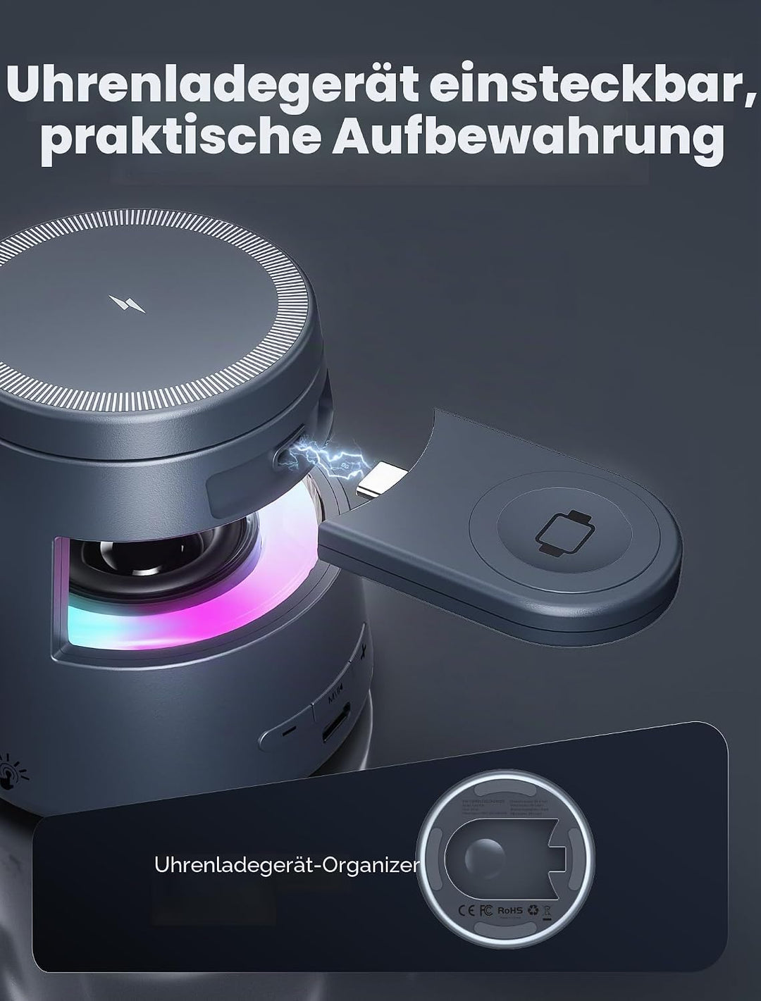 NEUTYPECHIC Bluetooth-Lautsprecher mit Induktionsladegerät 5-in-1, Schreibtischlampe, Halterung 65°