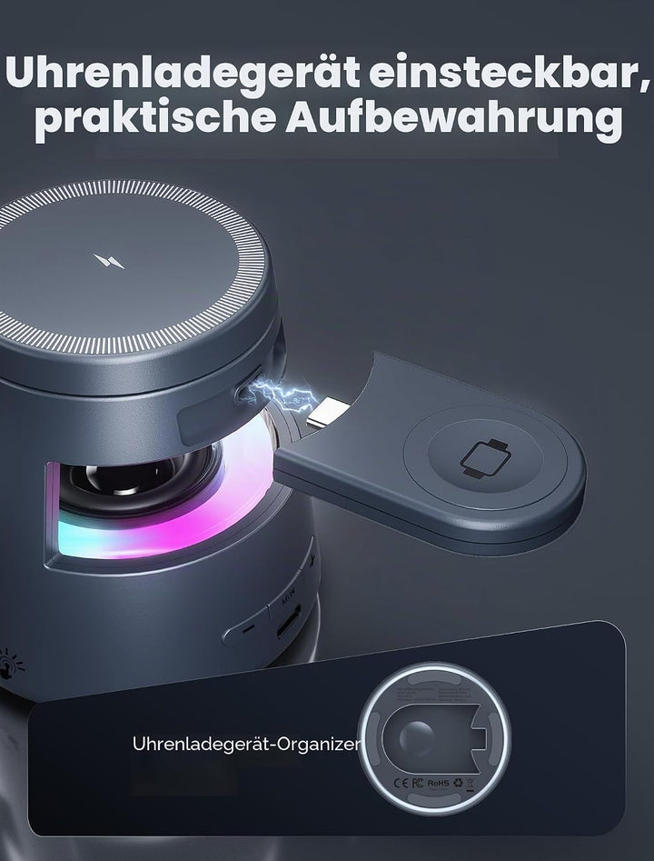 NEUTYPECHIC Bluetooth-Lautsprecher mit Induktionsladegerät 5-in-1, Schreibtischlampe, Halterung 65°