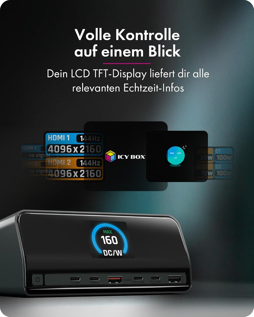 ICY BOX (11-in-1) USB-C Docking Station, Dual 4K HDMI, LCD Display, (USB 3.2 Gen 2), (2X HDMI 4K), (
