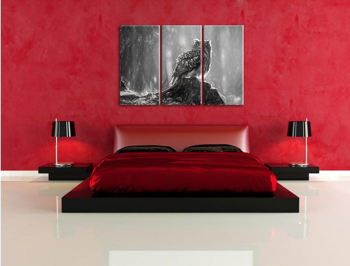 Pixxprint Eule auf dem Baumstamm als Leinwandbild/Grösse: 3 Teilig (120x80 cm) cm/Wandbild/Kunstdruc