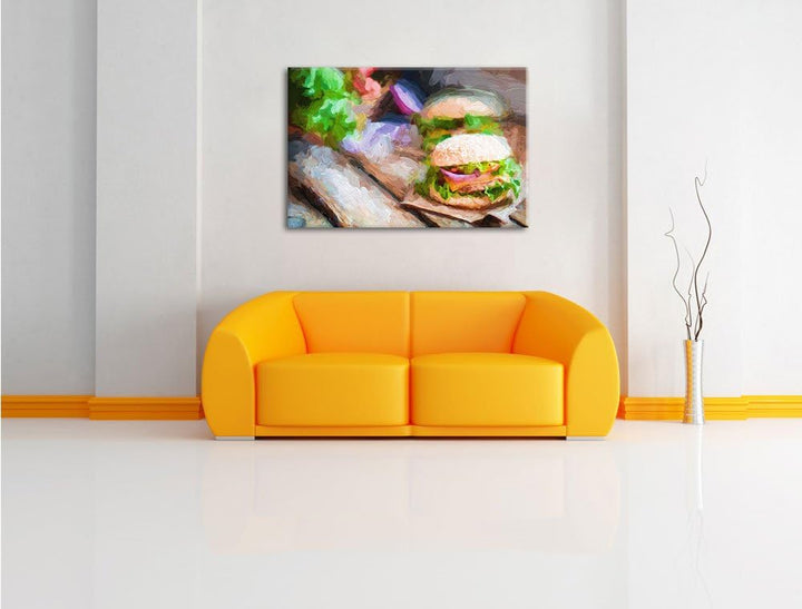 Pixxprint Leckere Burger als Leinwandbild/Grösse: 100x70 cm/Wandbild/Kunstdruck/fertig bespannt, 100