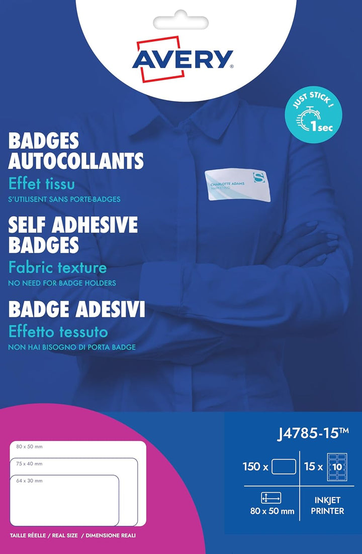 Avery – 150 Namensschilder bedruckbar für Textilien, aus weissem Polyester, Format 80 x 50 mm, Tinte