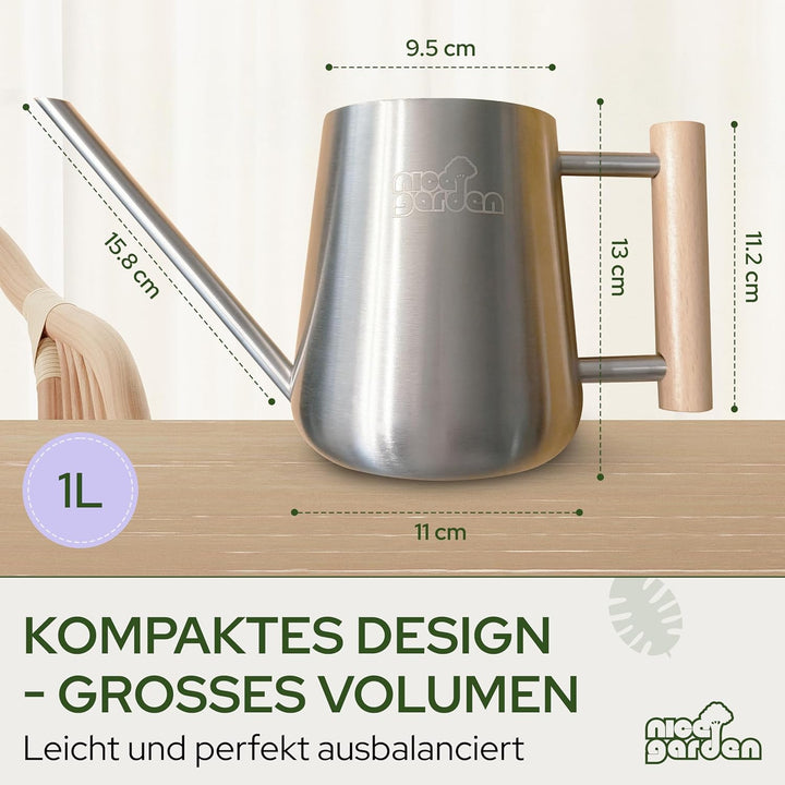 Edelstahl Giesskanne 1L | Design Blumengiesskanne mit Holzgriff | extra stabil & stilvoll | perfekt