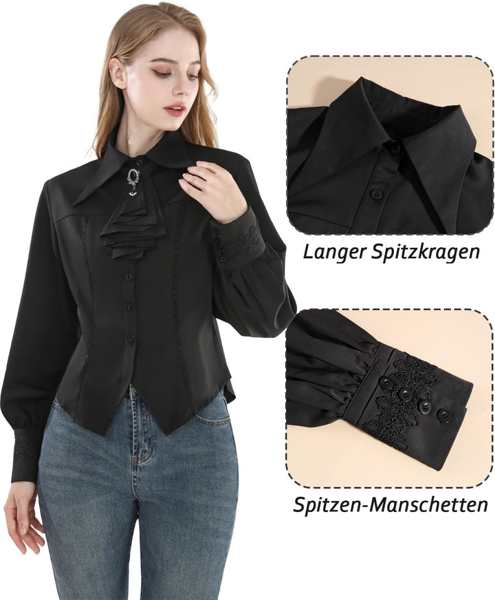 Fiamll Damen Viktorianisch Bluse Vintage Schleifenhemd Stehkragen mit Ruff Langarmshirt Mittelalter