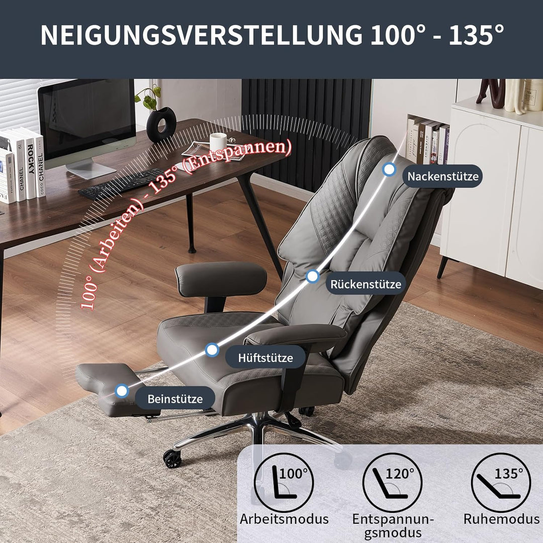 Bürostuhl Ergonomisch, Chefsessel mit Hoher Rückenlehne, Verstellbaren Armlehnen und Breitem Sitz, P